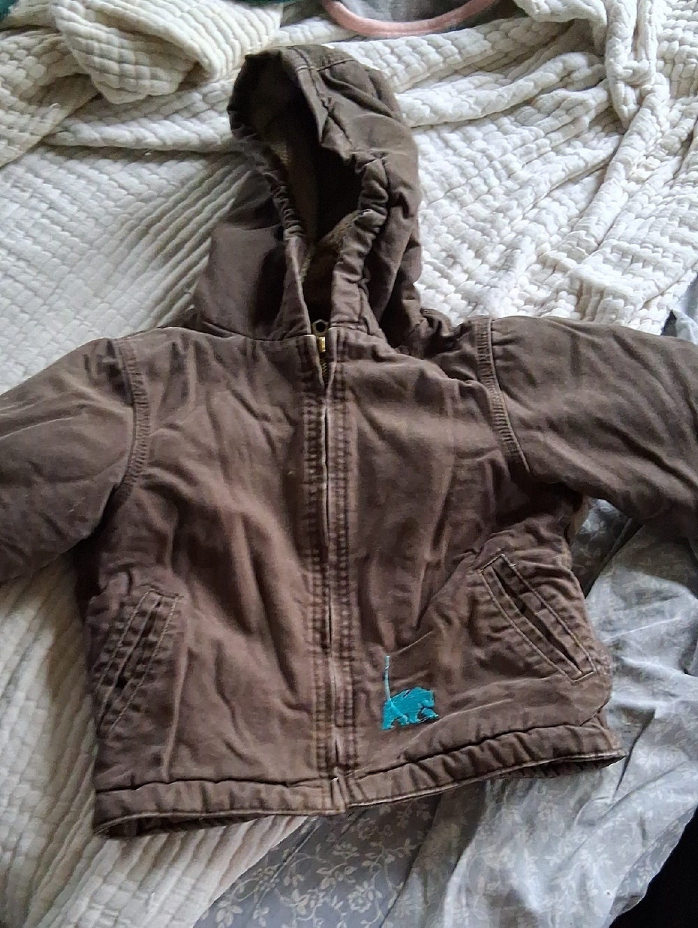 Kids Hooded Brown Puffer Jacket with Teal Embroidered Detail
